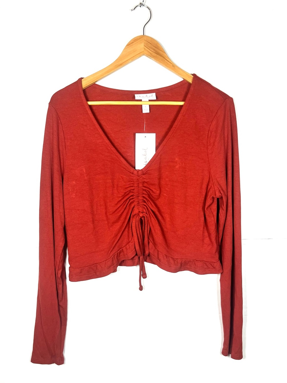 Drawstring Ruched V-Neck Long Sleeve Crop Top - Rust